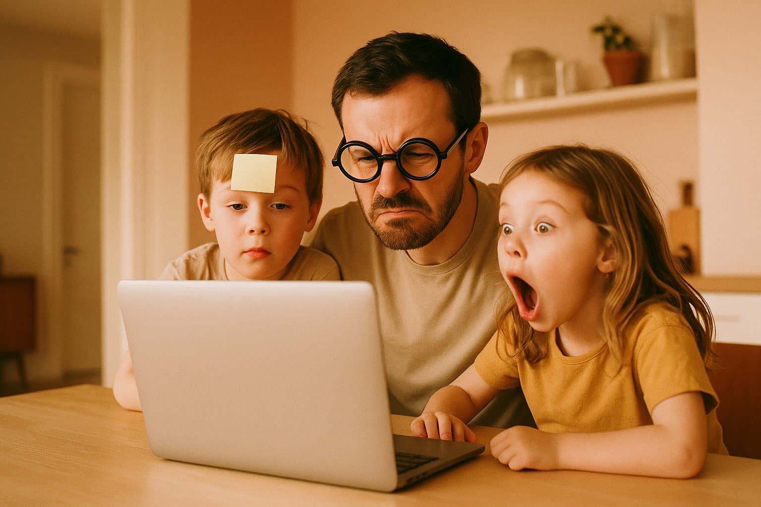 A dad in oversized novelty glasses squinting at a laptop while one kid wears a sticky note on their forehead and the other gasps